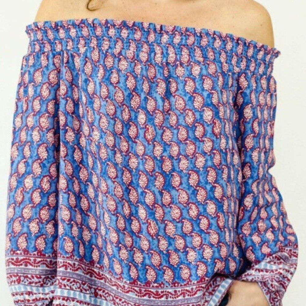 beachlunchlounge Women's Blue/Red Peasant Boho Off The Shoulder Blouse Size M